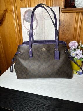 Coach Brown Signature Tote with Purple Leather Trim